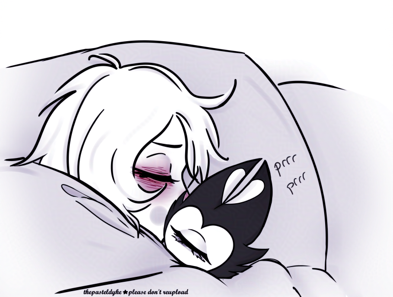 Charlie from Hazbin Hotel, in grayscale with a slight purple tone. She's lying down in bed, blankets pulled up so only her head sticks out, her hair messy, eyes and nose red from crying. Her nose and mouth is buried in KeeKee's fur. KeeKee is buried in the blankets the same way Charlie is, eye cracked open to look at Charlie. She's purring.